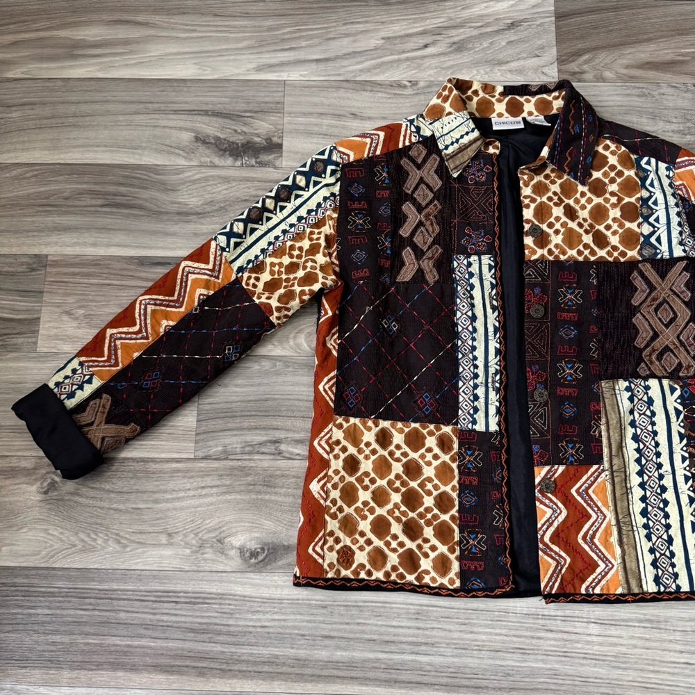 Chico's Brown Boho Patchwork Embroidered Button D… - image 2